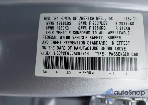 2012 Honda Accord 2.4 Se from USA, damaged, VIN 1HGCP2F60CA001214